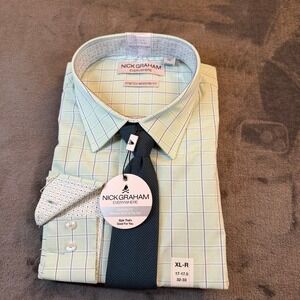 Nick Graham Stretch Modern Fit Plaid Dress Shirt and Tie Set Mens XL 17-17.5 New